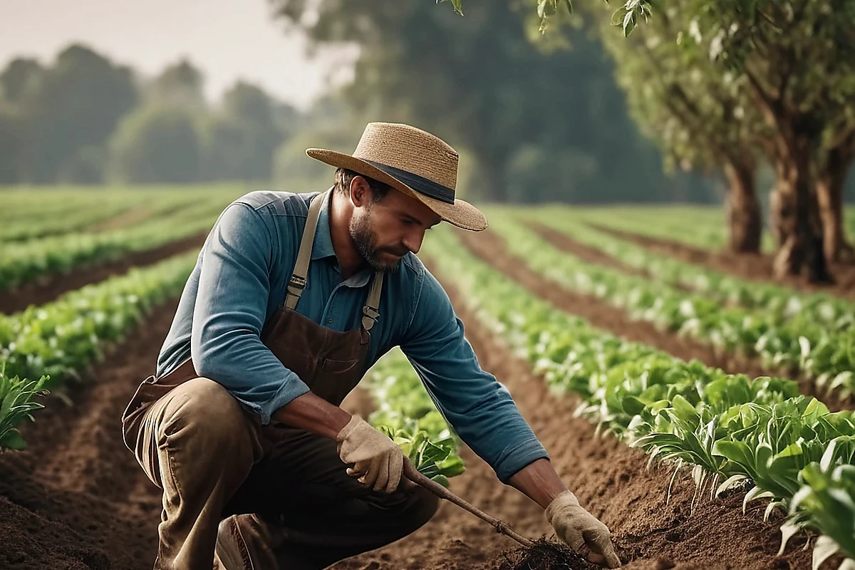 Landwirt bei der Feldarbeit als Symbol für Bewirtschaftung und gemeinschaftlichen Agrarbesitz