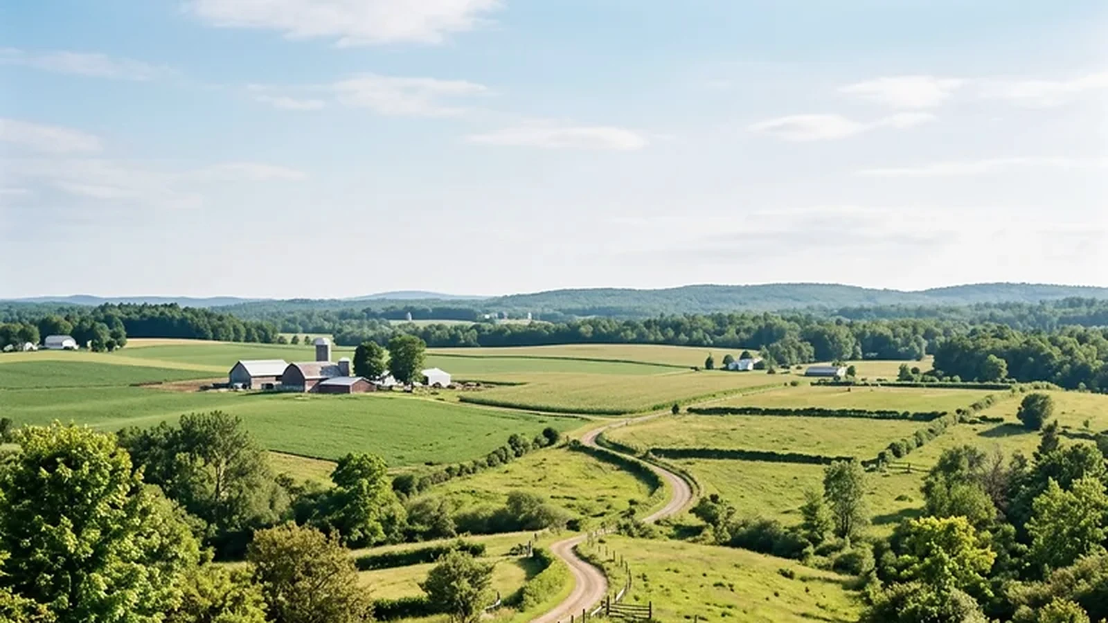 Zusammenhängende landwirtschaftliche Flächen mit Höfen und Wegen als Symbol für gemeinschaftlich gehaltenen Agrarbesitz