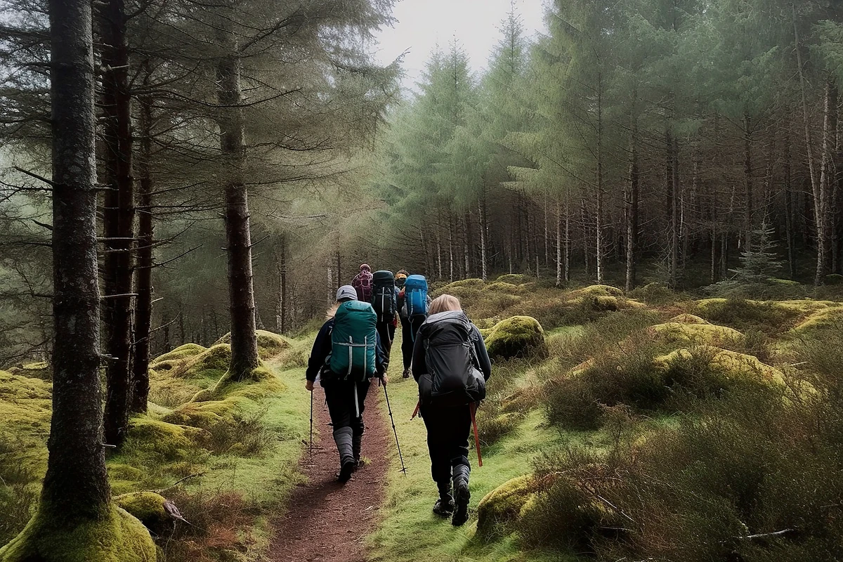 Mehrere Menschen auf einem Waldweg als Symbol für gemeinsame Nutzung und Verantwortung